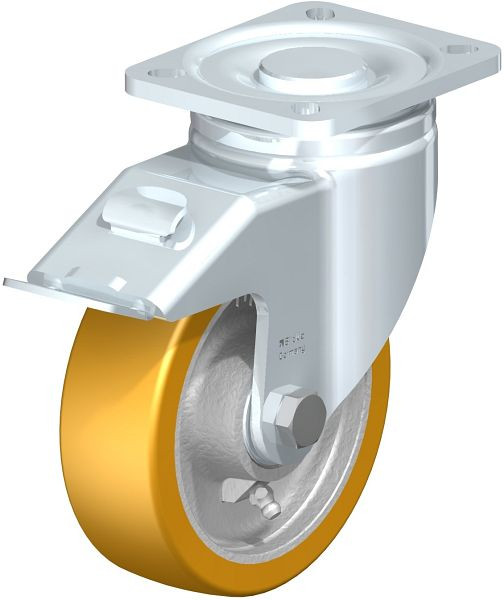 Blickle LH-GTH 125K-1-FI Stahlblech-Lenkrolle, Schwerlast-Ausführung, mit Anschraubplatte & Feststeller, Blickle Extrathane®, Hellbraun, 622308