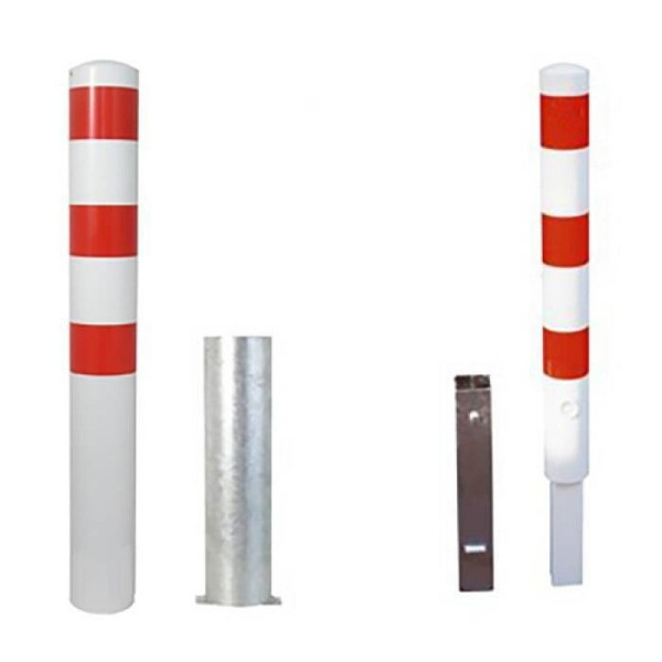 Stein HGS Stahlrohrpoller/Rammschutzpoller -Bollard-, 1500mm, mit Dreikantverschluss, weiß mit 3 roten Leuchtstreifen, 3 Ösen (90°), 34990b-3