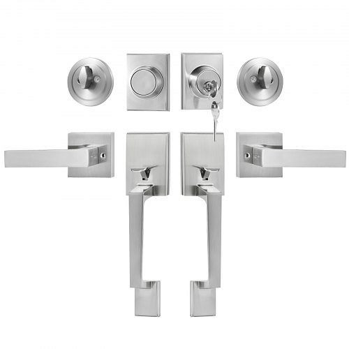 VEVOR Doppeltürgriff-Set, Doppeltürschloss-Set, satiniertes Nickel, quadratischer Türhebel, SMSBDMNDSFXLP6JSTV0