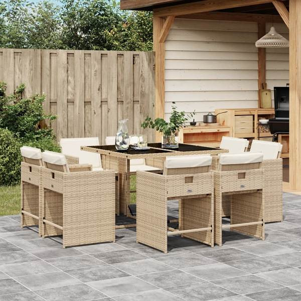 vidaXL 9-tlg. Garten-Essgruppe mit Kissen Beige Poly Rattan, UV-beständig, 3277965