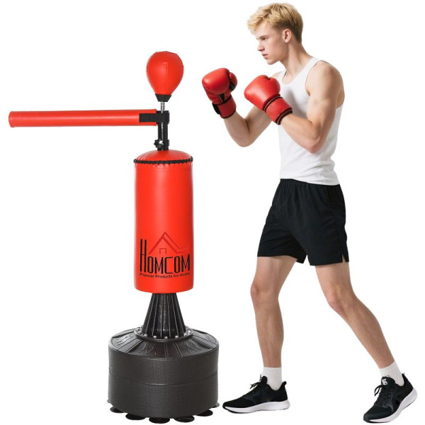 HOMCOM Standboxsack Boxtrainingsgerät mit Reflexball, 360°-Drehstange, Saugfuß, Sand/Wasser befüllbar, Stehend Boxasiistent mit Handschuhe, A91-100
