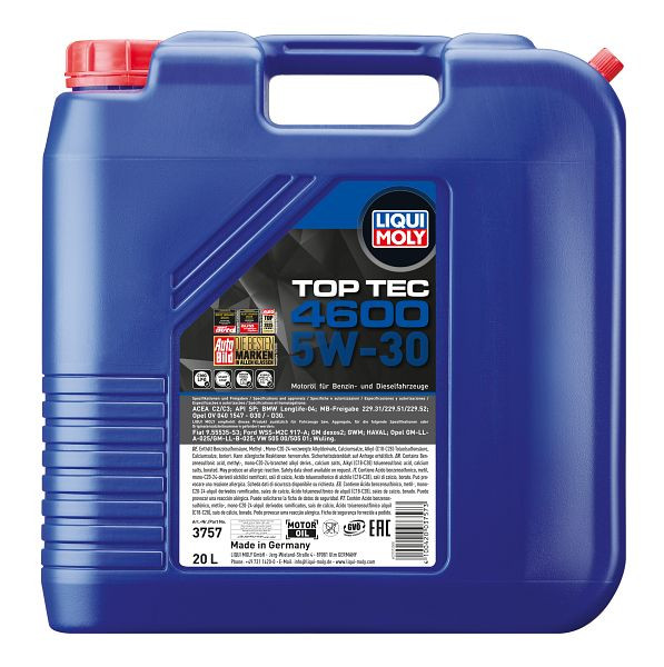 LIQUI MOLY Motoröl Top Tec 4600 5W-30, Kanister Kunststoff, VE: 20 Liter, 3757