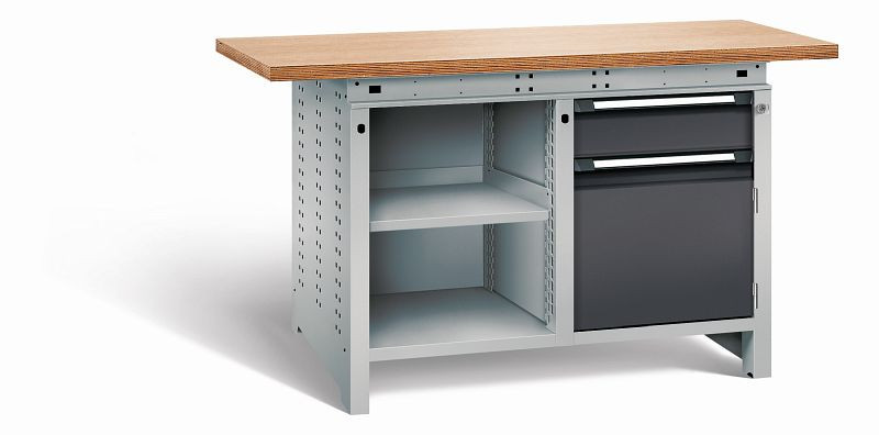 Otto Kind Werkbank Serie function Typ 211, Multiplexplatte 40 mm, überstehend, 2x Unterbau, Gehäuse RAL 9006, Front RAL 9005, 07234123N