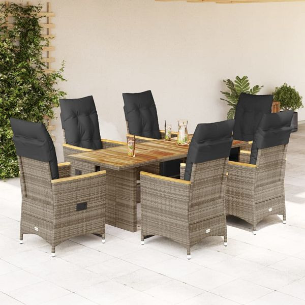 vidaXL 7-tlg. Garten-Bistro-Set mit Kissen Grau Poly Rattan, 3276973