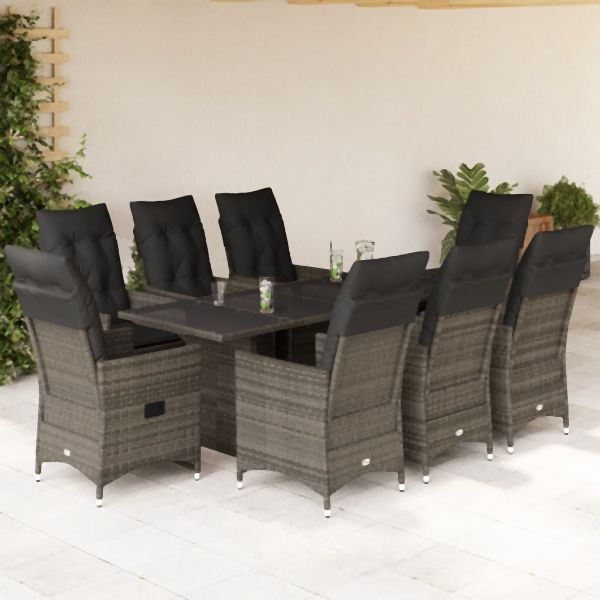 vidaXL 9-tlg. Garten-Essgruppe mit Kissen Grau Poly Rattan, 3276746