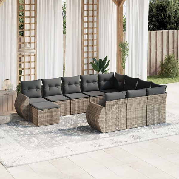 vidaXL 11-teilig Garten-Sofagarnitur mit Kissen Grau Poly Rattan, 3225192
