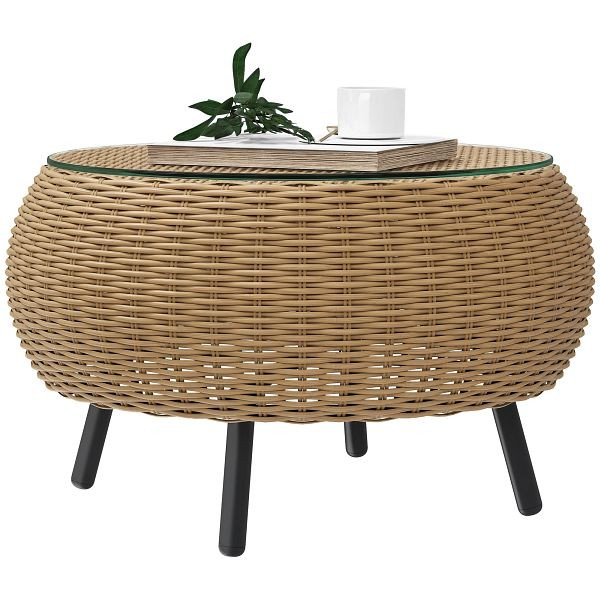 Outsunny Beistelltisch aus Polyrattan runder Kaffeetisch Couchtisch mit Glas Tischplatte Ø75 x 42 cm Braun, 867-233V00BN