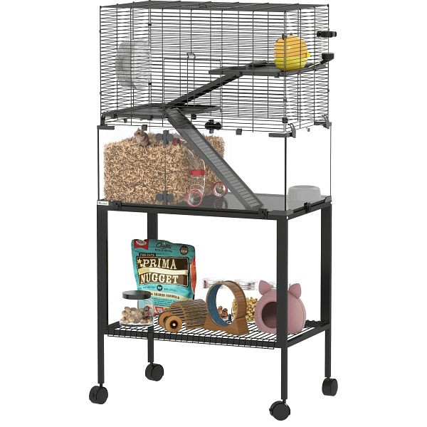 PawHut Hamsterkäfig, Kleintiergehege mit 3 Ebenen, Laufrad, Hütte, Plattformen, Rampen, Futterschale, Wasserflasche, D51-530V00BK