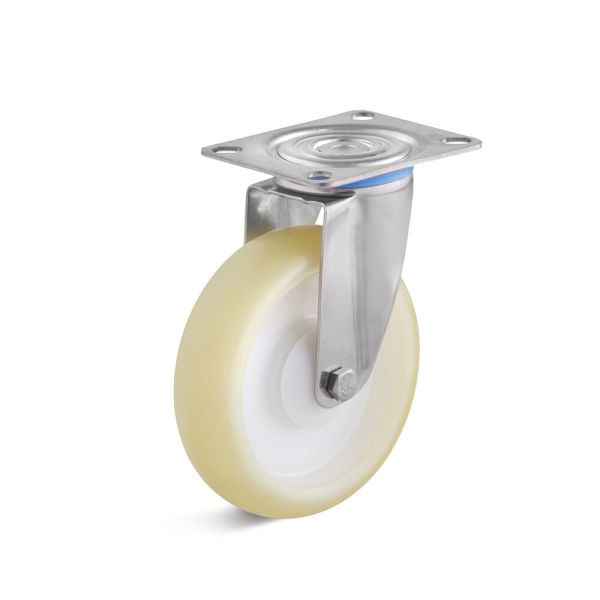Torwegge Elastik-Polyurethan Edelstahl Lenkrolle, Tragfähigkeit 130 kg, Rad-Ø 125 mm, Radbreite 35 mm, Bauhöhe Gehäuse 92,5 mm, 0034032