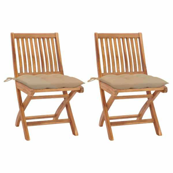 vidaXL Gartenstühle 2 Stück mit Beige Kissen Massivholz Teak, 3062451