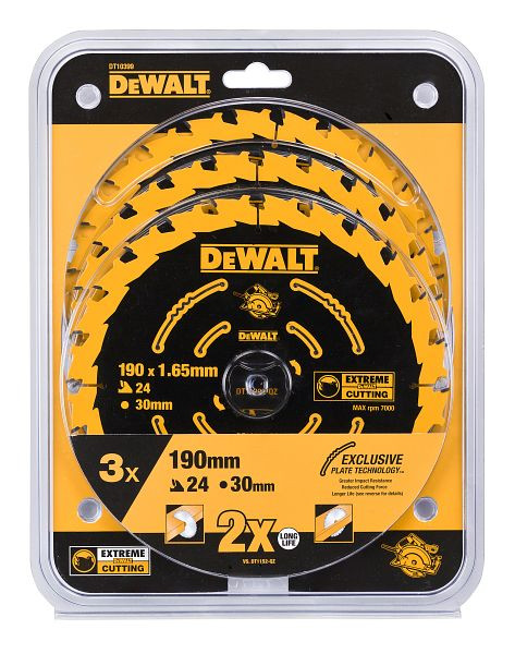 DeWalt 190 x 30mm Kreissägeblatt für Akku-Handkreissägen für universellen Einsatz Triple Pack, VE: 3 Stück, DT10399-QZ