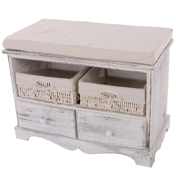 Mendler Sitzbank Kommode mit 2 Körben 42x62x33cm, Shabby-Look, Vintage, weiß, 30440