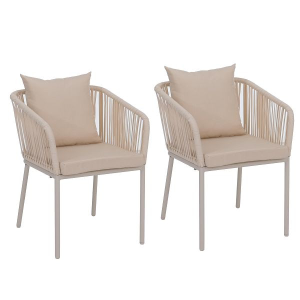 Mendler 2er-Set Gartenstuhl HWC-N41, Outdoor Armlehne, wetterfest Aluminium Seilgeflecht Rope, creme, Kissen creme, 120149