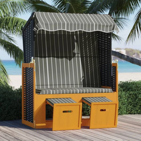 vidaXL Strandkorb mit Dach Poly Rattan und Massivholz Schwarz & Grau, 318657