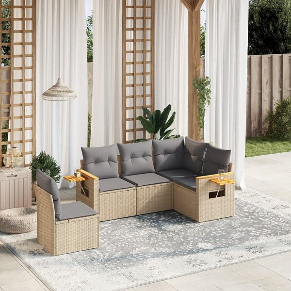 vidaXL 5-tlg. Garten-Sofagarnitur mit Kissen Beige Poly Rattan, 3226815