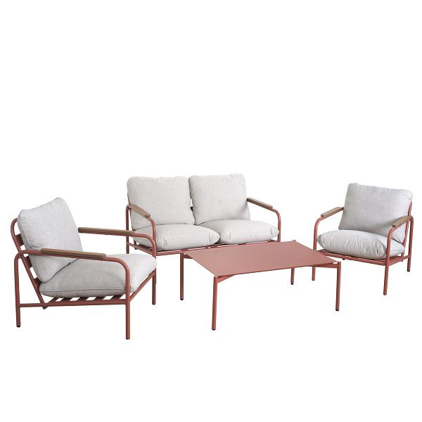 Mendler Aluminium-Gartengarnitur HWC-O11, Outdoor 2-Sitzer Sitzbank Sessel Sofa, Olefin (205 g/m²), terrakotta Polster beige, 2x110591+110592+110594