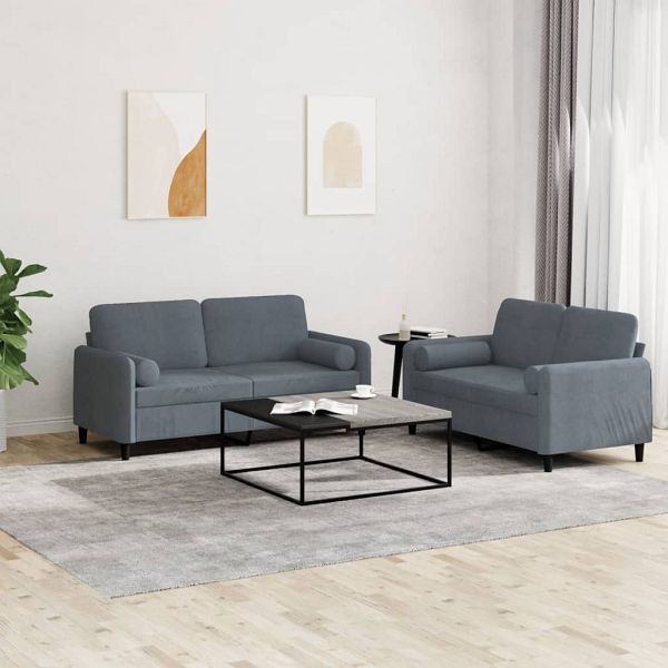 vidaXL 2-teilig Sofagarnitur mit Kissen Dunkelgrau Samt, 3201995