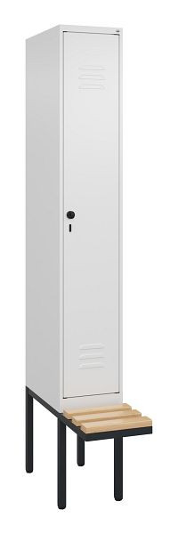 C+P Umkleidespind Classic PLUS, 2120x300x815mm, 9016/9016, Drehriegel, Buche-Sitzleisten, 3 Doppel-Haken, 0800407-10 S10014