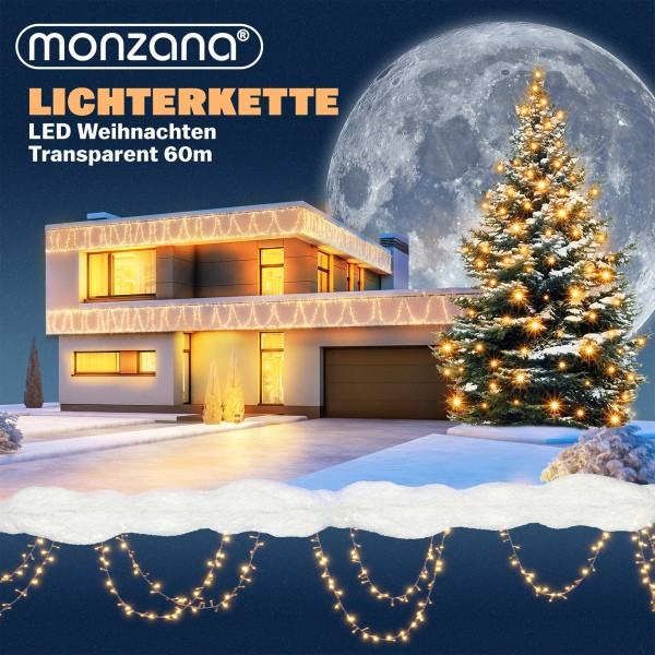 DEUBA Lichterkette "Weihnachten" transparent mit Fernbedienung 60 m, warmweiß, 109481
