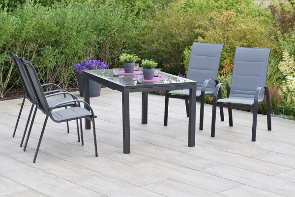 Merxx Amalfi Set 5-teilig, 4 Amalfi Stapelsessel, mit hoher Rückenlehne, 1 Ausziehtisch 140 (200) x 90 cm, Graphit/grau, 50711-309