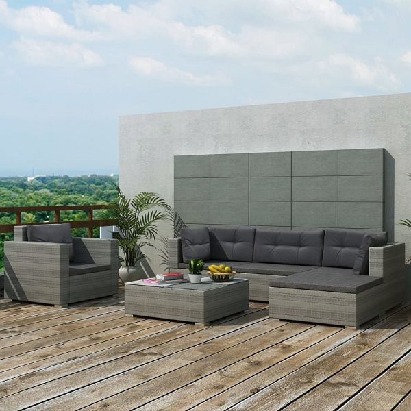 vidaXL 6-teilig Garten-Lounge-Set mit Auflagen Poly Rattan Grau, 41879