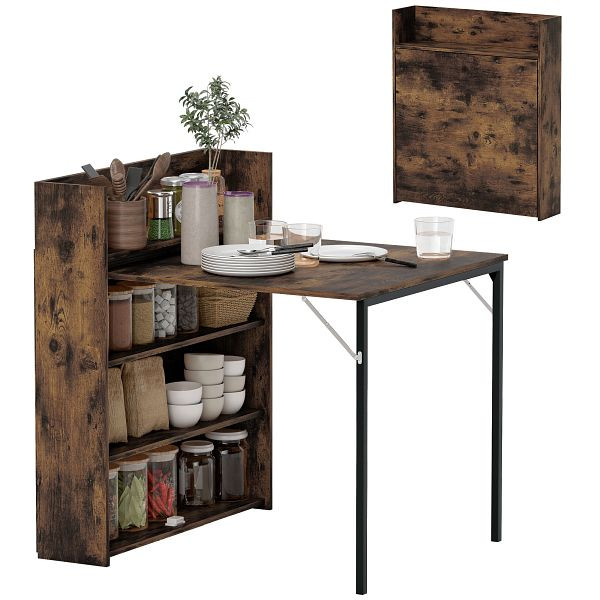 HOMCOM Esstisch Klappbar mit Regal, Industrie-Design, Platzsparend, Für Kleine Räume, 80x90x93cm, Rustikal-Braun, 83A-151V91RB