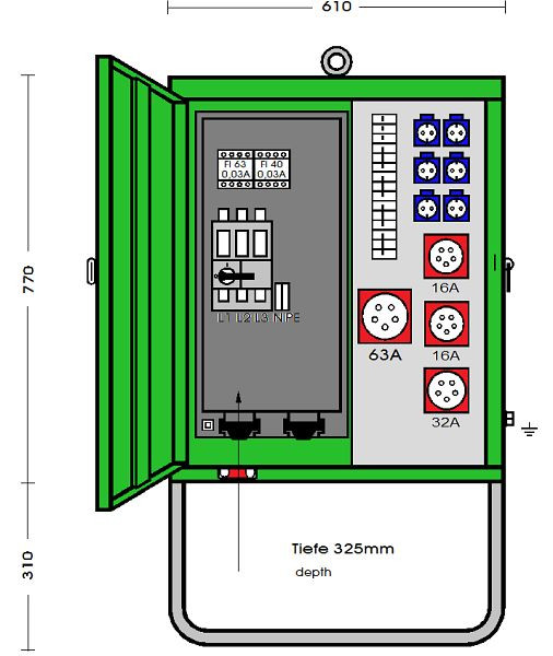 Elektra Tailfingen Verteilerschrank 44 kVA mit RCD Typ B und RCD Typ A, 4 CEE-Abgänge 16-63A und 6 Schutzkontakt-Steckdosen, V 63N/A/6211-2, 183215