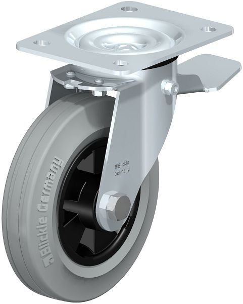 Blickle LE-VPP 160R-ST-SG Stahlblech-Lenkrolle mit Anschraubplatte & Feststeller, Vollgummi, Grau, 320168