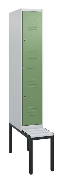 C+P Doppelstöckiger Spind Classic PLUS, 1950x300x815mm, 7035/6011, Zylinderschlösser, mit untergebauter Sitzbank, 0803505-10 S10081