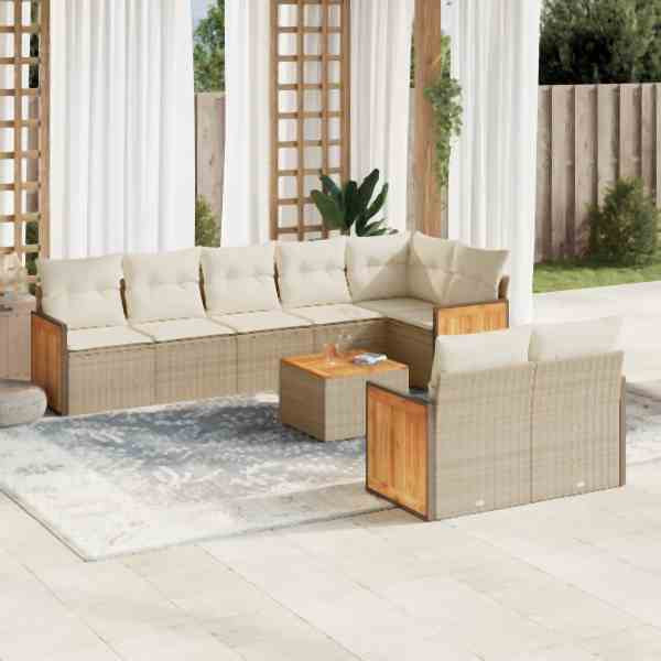 vidaXL 9-tlg. Garten-Sofagarnitur mit Kissen Beige Poly Rattan, UV-beständig, 3260238