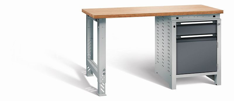 Otto Kind Werkbank function Typ 204, überstehende Multiplex-Arbeitsplatte, 1 Fußgestell, 1 Unterbau, Gehäuse RAL 9006, Front RAL 7016, 07219004S