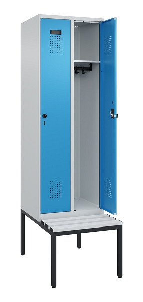C+P Spind Evolo PLUS, 2 Abteil, 2120x600x815mm, 7035/5012, Drehriegel, Sitzfläche Kunststoff, Sitzbank, 0490507-20 S10061