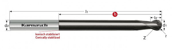 Karnasch VHM-3D-Radiusfräser, extralang, Rockwell Cutter d= 1,6 / r= 0,80 / L3= 15 mm HHC/HSC UFX-3, VE: 2 Stück, 3064750160