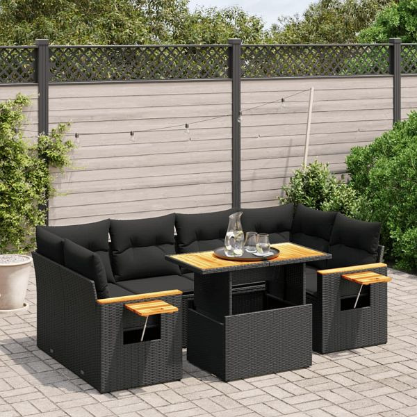 vidaXL 7-tlg. Garten-Sofagarnitur mit Kissen Schwarz Poly Rattan, 3273414