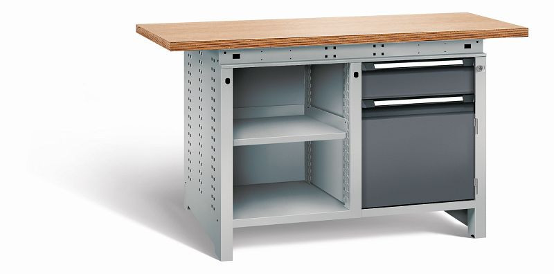 Otto Kind Werkbank Serie function Typ 211, Multiplexplatte 40 mm, überstehend, 2x Unterbau, Gehäuse RAL 9006, Front RAL 7016, 07234124S