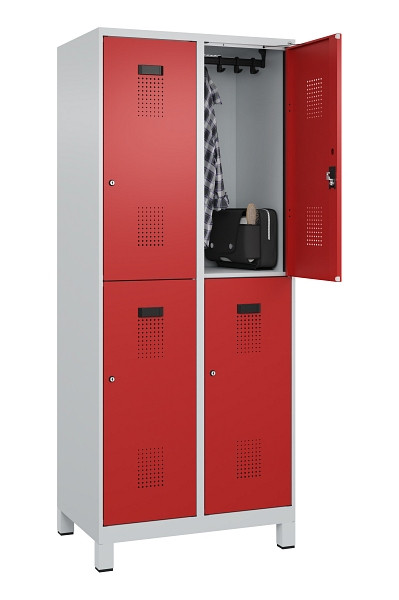C+P Doppelstöckiger Spind Evolo PLUS, mit Füßen, 4 Fächer, 1950x800x500mm, 7035, Frontfarbe RAL 3000 feuerrot, Zylinderschloss, 049310-22 S10030