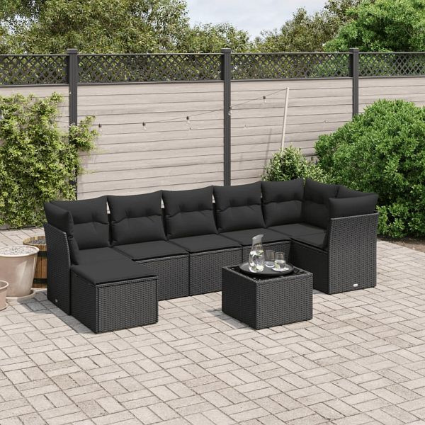 vidaXL 8-tlg. Garten-Sofagarnitur mit Kissen Schwarz Poly Rattan, 3263201