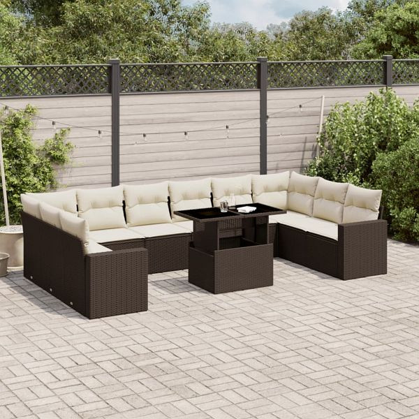 vidaXL 11-tlg. Garten-Sofagarnitur mit Kissen Braun Poly Rattan, 3267523
