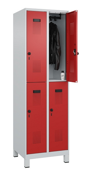 C+P Doppelstöckiger Spind Evolo PLUS, mit Füßen, 4 Fächer, 1950x600x500mm, 7035, Frontfarbe RAL 3000 feuerrot, Drehriegel, 049310-20 S10003