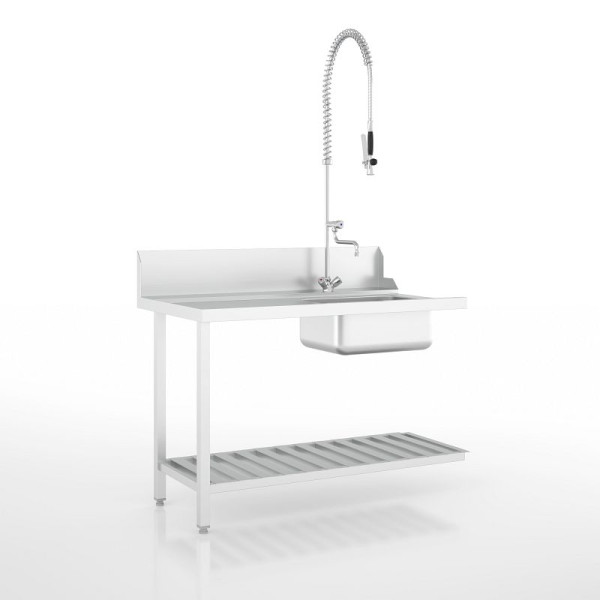 Ackermann Spülmaschinen Zulauftisch mit Becken 1250x720x875 mm - H-Linie, Anbau links, Unterbau mit Ablagerosten, 9021125