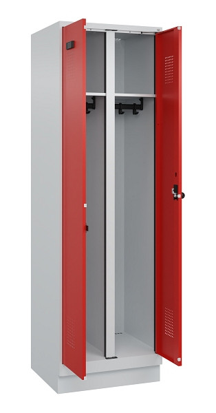 C+P Schwarz-Weiß-Spind Evolo PLUS, mit Sockel, 2 Abteile, 1950x600x500mm, 7035/3, Frontfarbe RAL 3020 Verkehrsrot, Drehriegel, 049022-20 S10005