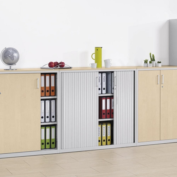 Deskin Rollladenschrank CONCEPT LINE, Alusilber, B 1200 x H 1160 x T 420 mm, inkl. Topplatte in Ahorndekor, 2 Fachböden, 3 Ordnerhöhen, 249319