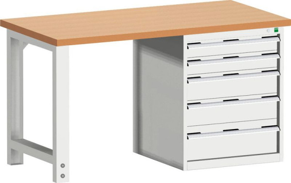bott cubio Werkbank mit Schubladenschrank 5 Schubladen, Fuß, Rotbuche-Platte BxTxH: 1500 x 750 x 840 mm Rotbuche RAL 7035, 41003446.16V