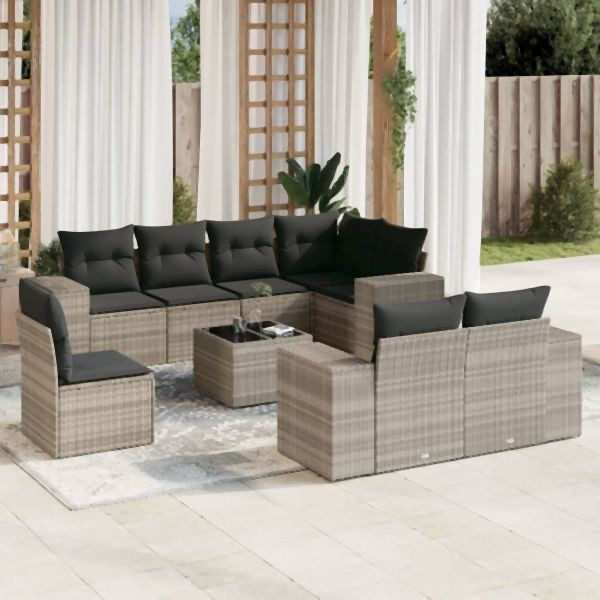 vidaXL 9-tlg. Garten-Sofagarnitur mit Kissen Hellgrau Poly Rattan, 3255189