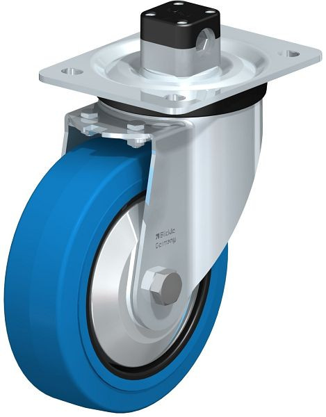 Blickle L-POEV 160R-CS11-SB-FA Stahlblech-Lenkrolle, mittelschwere Ausführung, mit Anschraubplatte & Zentralfeststeller, Elastik-Vollgummi, Blau, 850631
