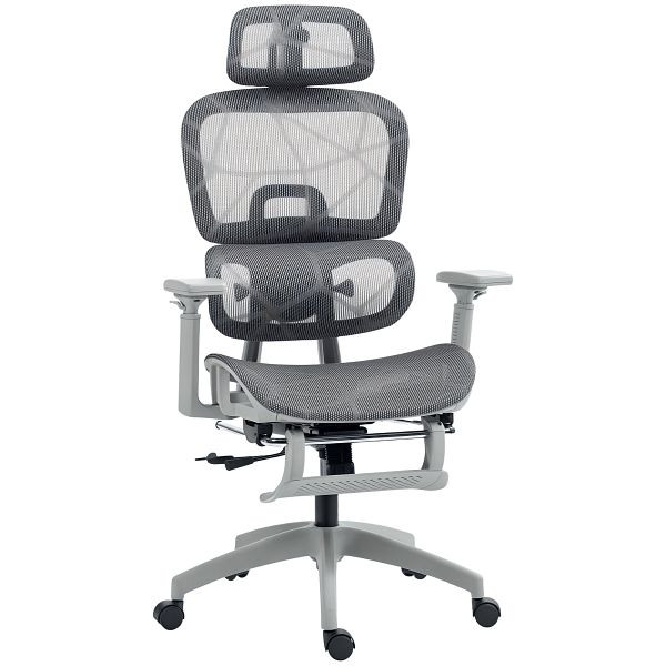 HOMCOM Bürostuhl, Ergonomischer Schreibtischstuhl mit Netzstoffbezug, verstellbar, rollbar, mit Armlehnen, Kopfstütze, Grau, 921-819V00GY