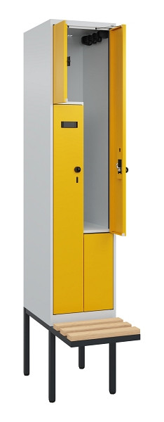 C+P Z-Spind Evolo PLUS, Bank, 2 Fächer, 2120x400x815mm, 7035/1004, Drehriegel, Sitzfläche Holz, 0490437-122 S10001