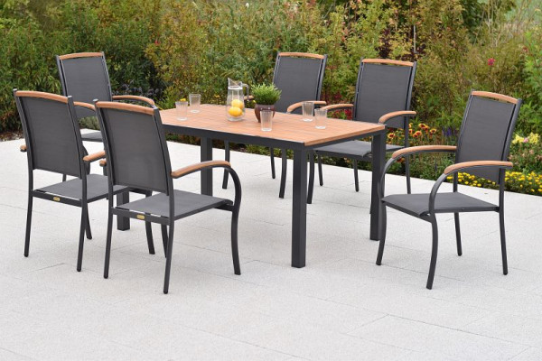 Merxx Siena Set 7-teilig, 6 Siena Stapelsessel mit Applikationen aus Akazienholz, 1 Tisch 150 x 90 cm, Tischplatte aus Akazienholz, graphit/grau, 51010-309