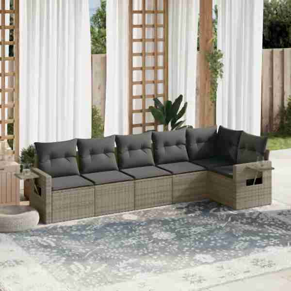 vidaXL 6-tlg. Garten-Sofagarnitur mit Kissen Grau Poly Rattan, UV-beständig, 3220189