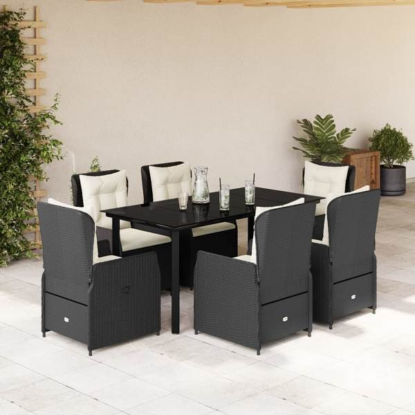 vidaXL 7-tlg. Garten-Essgruppe mit Kissen Schwarz Poly Rattan, UV-beständig, 3262837